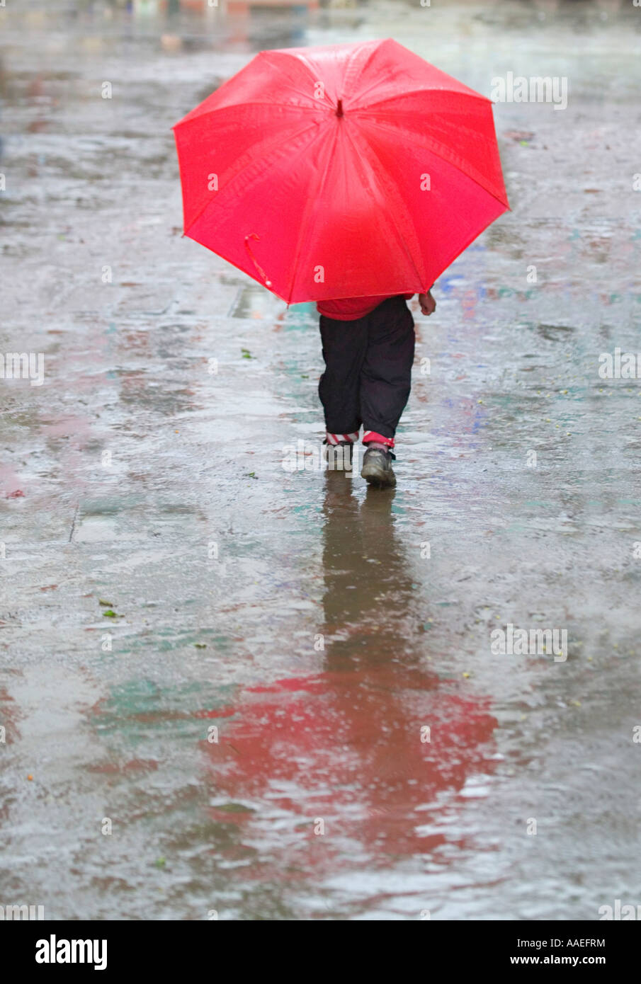 Garçon avec parapluie rouge sous la pluie, Guizhou, Chine Banque D'Images