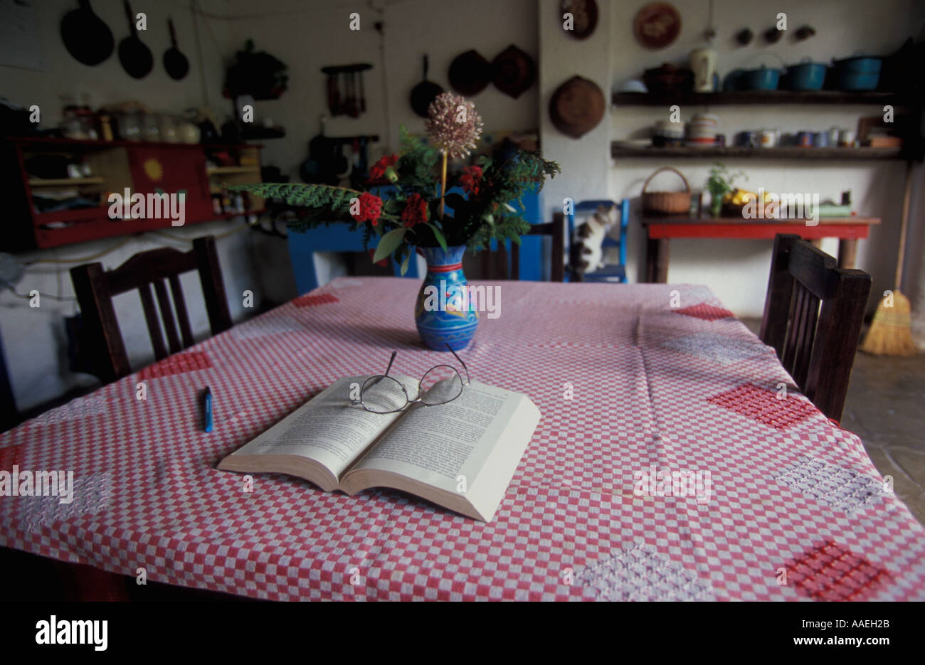 Lunettes de lecture de livres sur la table de cuisine mexicaine San Blas Nayarit Mexique Banque D'Images