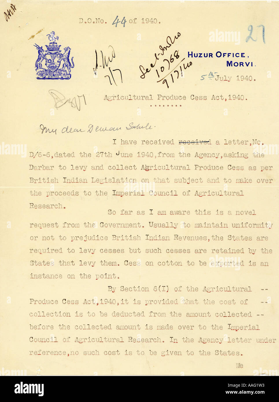 Lettre avec sceau royal ou armoiries le 5 juillet 1940 Morvi ou morbi Saurashtra Gujarat Inde Banque D'Images