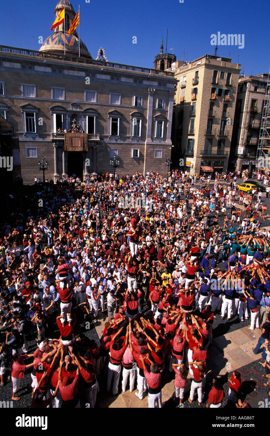 Castells tours humaines Fiesta de la Merce Plaça Sant Jaume Barcelone Catalogne Espagne Banque D'Images