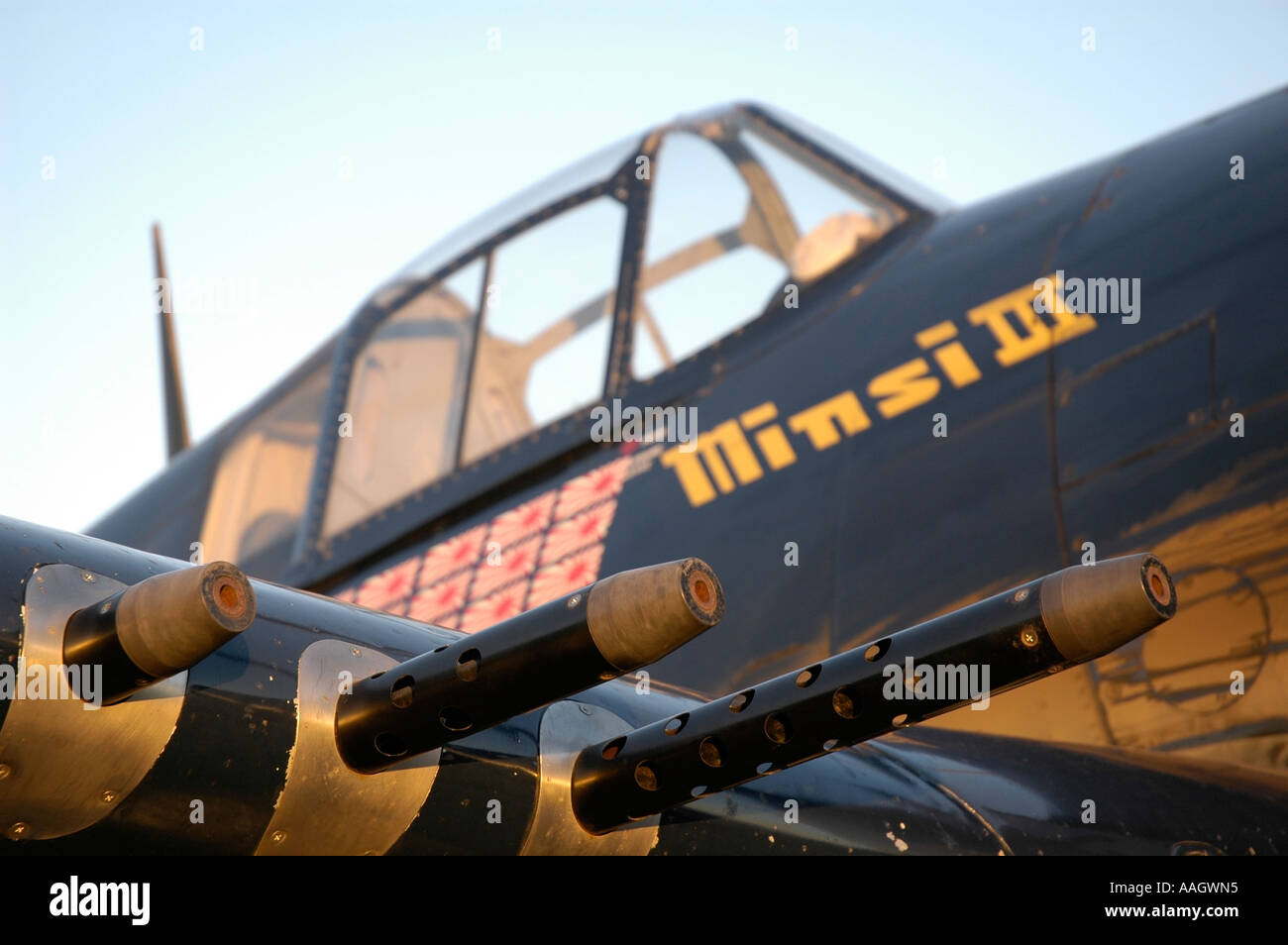 Les 3 armes à feu sur l'aile d'un avion de chasse américain WW2 look menaçant. Banque D'Images