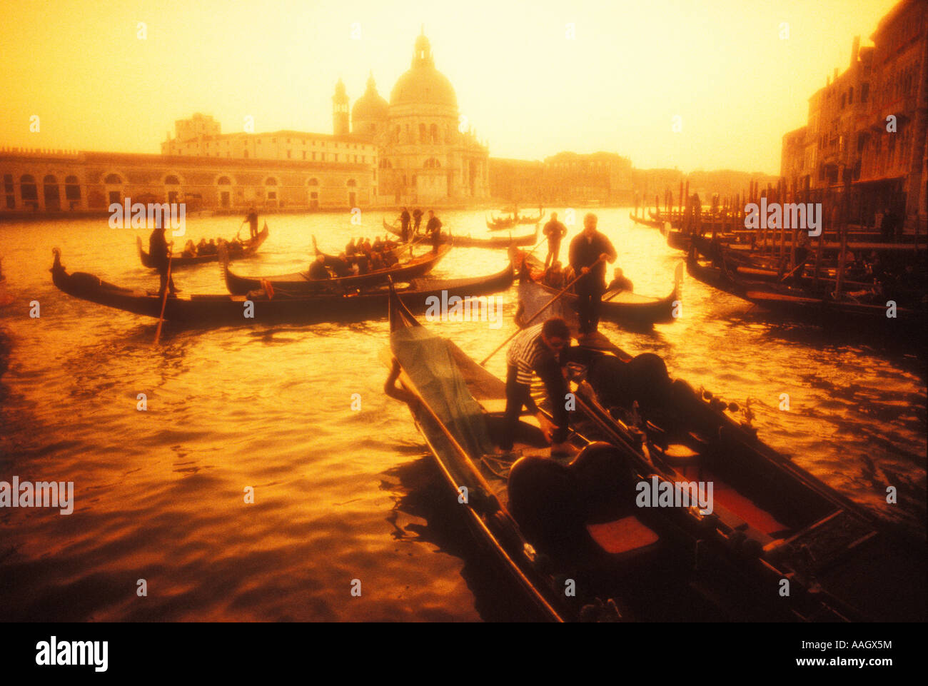 Italie Venise gondoliers sur le Grand Canal au coucher du soleil à Santa Maria della Salute en arrière-plan Banque D'Images