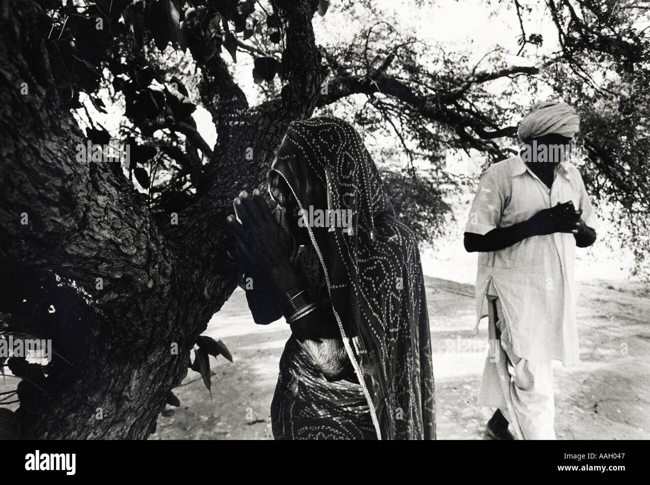 Une femme prie à Bishnoi arbres Khejri tribu Bishnoi Rajasthan Inde Banque D'Images