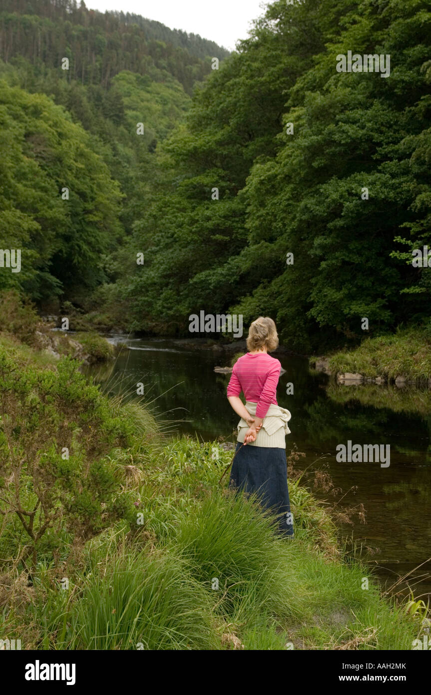 Cardigan rose woman standing by elle-même par l'observation de Rheidol rivière le débit d'eau lentement, le Pays de Galles UK Banque D'Images