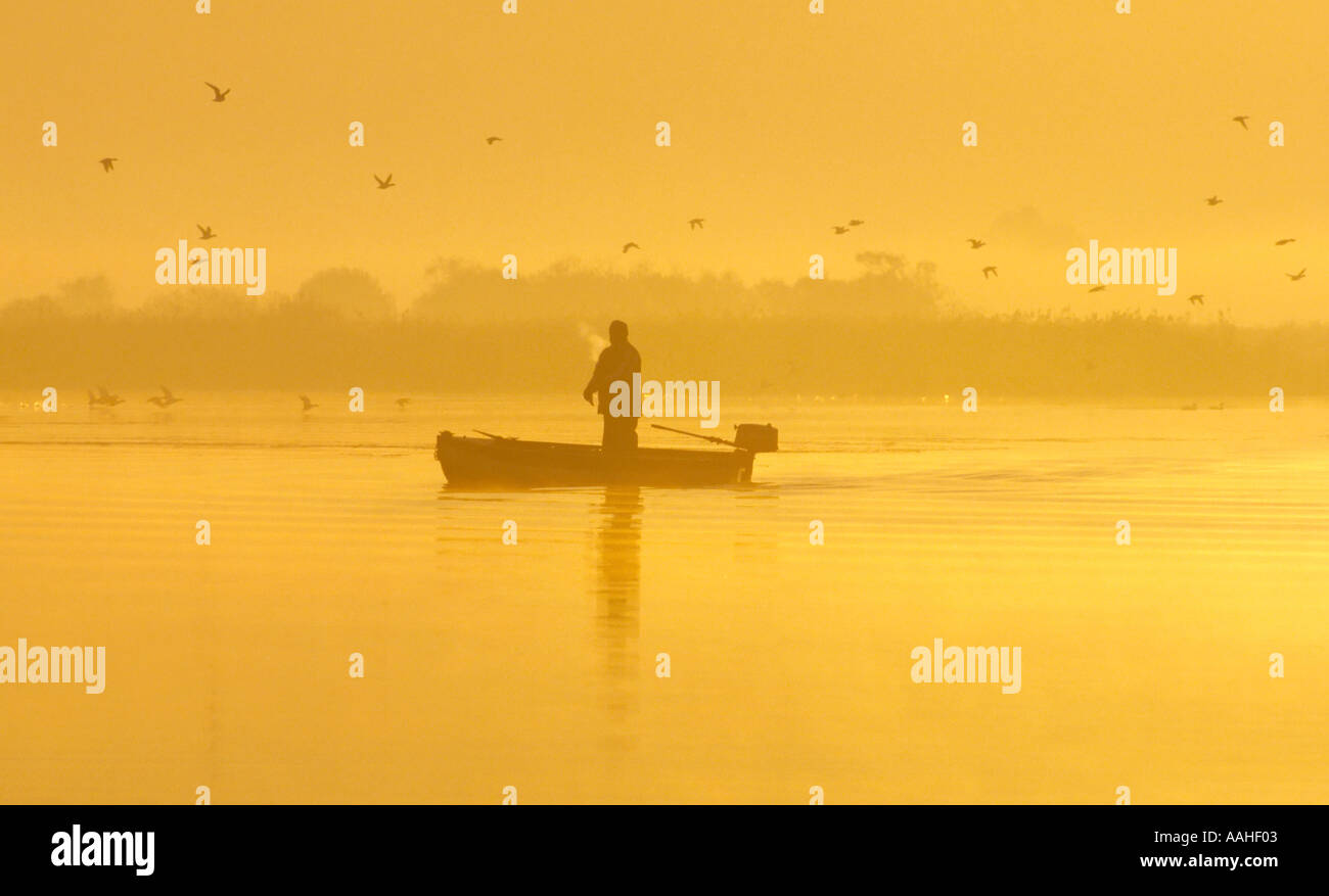 Bateau de pêche dans la région de Misty Norfolk Broads UK Banque D'Images