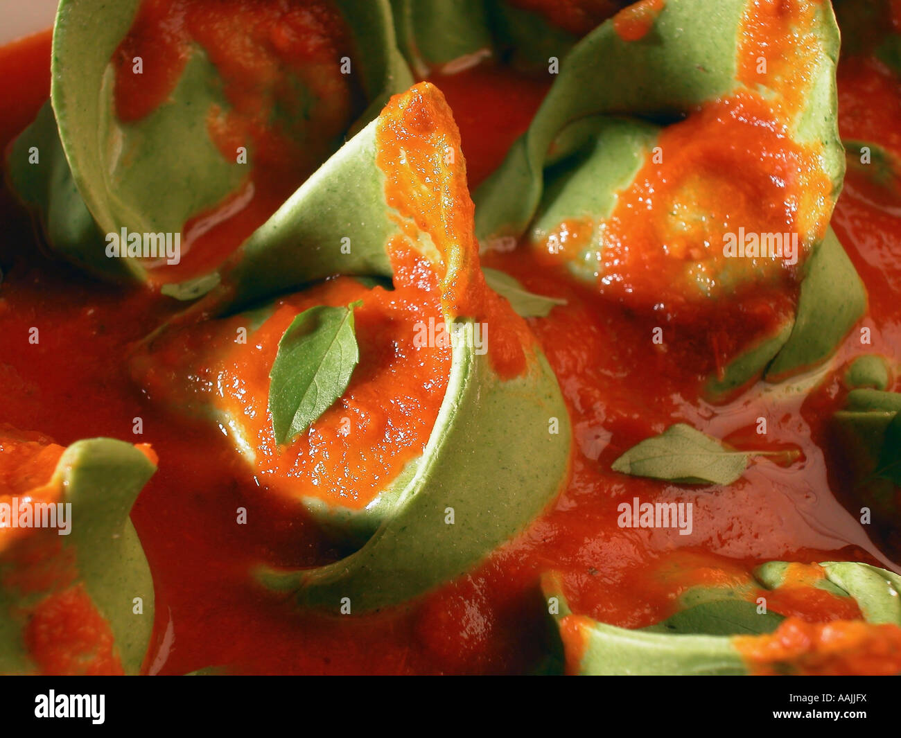 Tortellini vert sauce aux tomates et basilic, close-up Banque D'Images