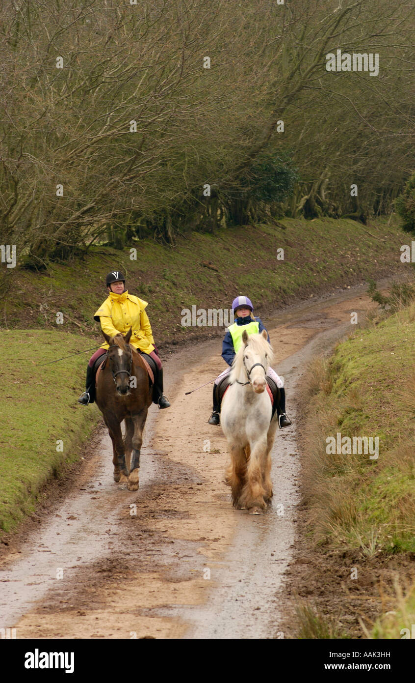 Les randonneurs équestre poney vers le bas sur une route de campagne montagnes noir boucle équestre de Tregoyd Mountain Riders Centre South Wales UK Banque D'Images