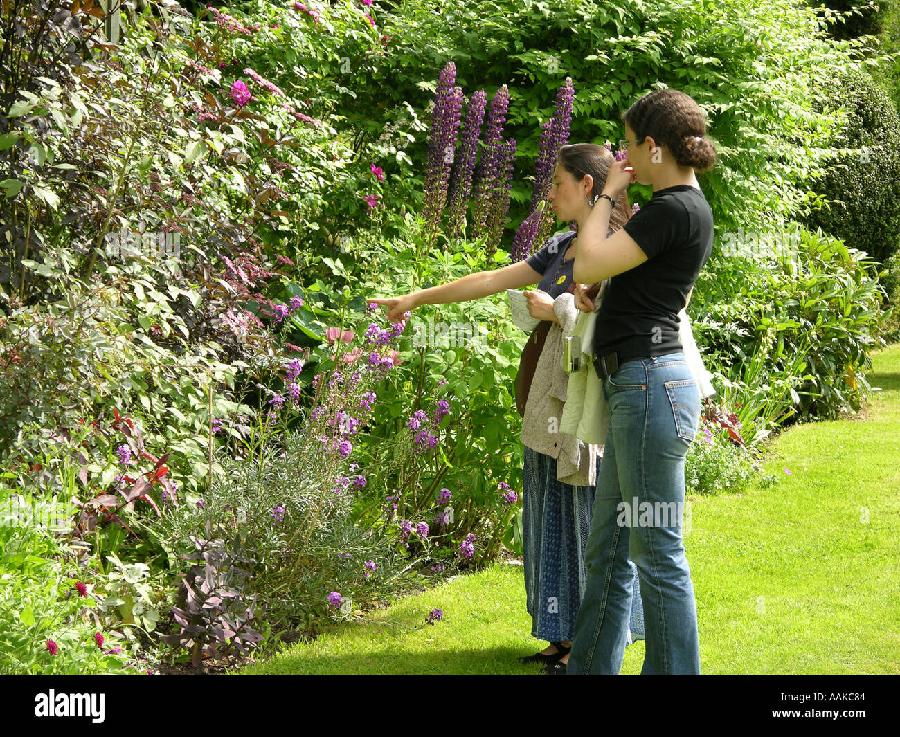 Couple de femmes à la recherche de fleurs à ouvrir gardens Banque D'Images