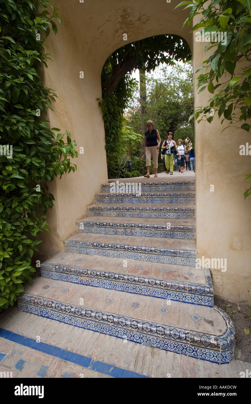 Les touristes à pied les jardins à El Alcazar de Séville Andalousie Espagne Banque D'Images