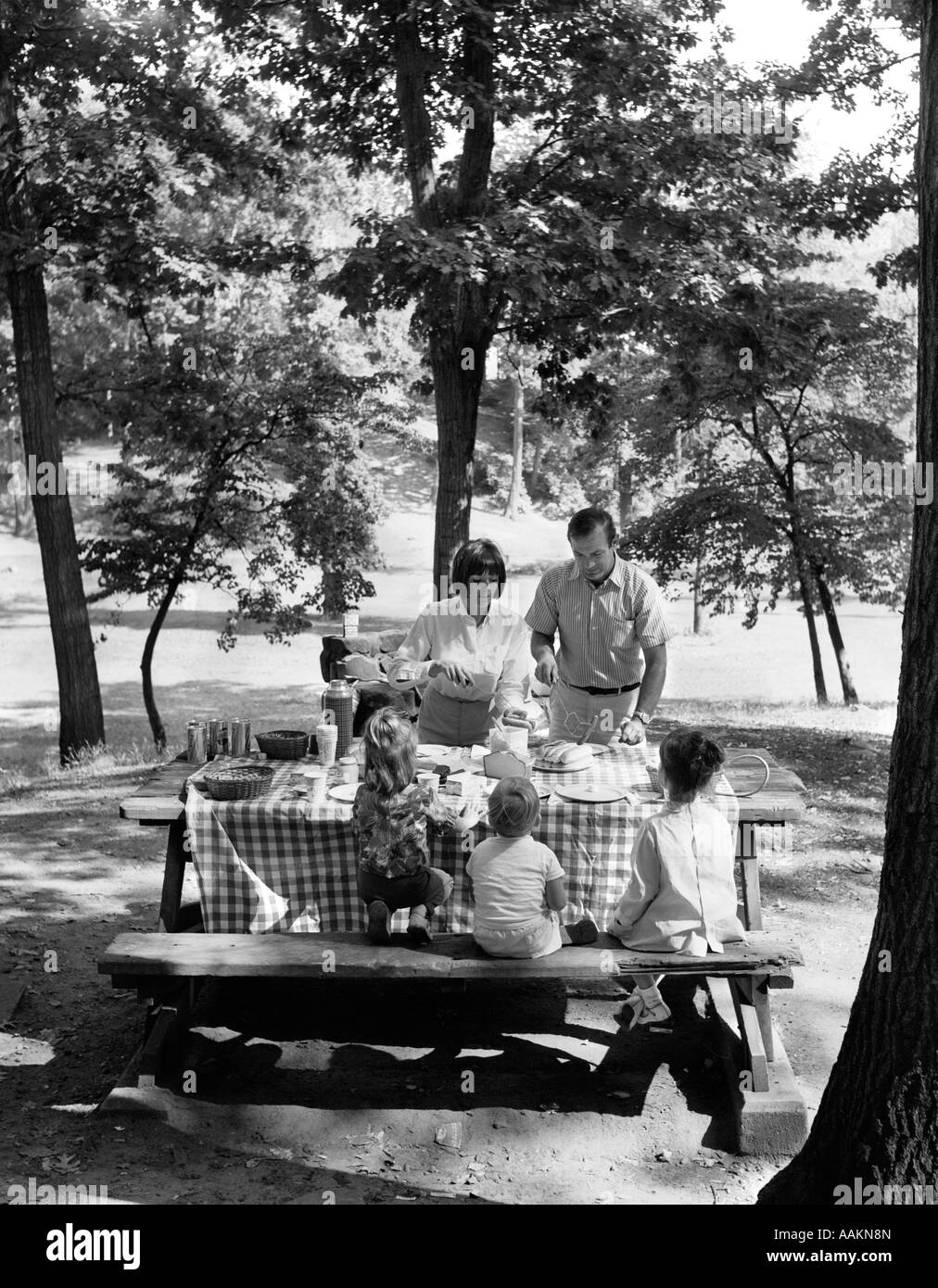 1970 FAMILLE DE CINQ À TABLE À PIQUE-NIQUE SOUS LES ARBRES DU PARC AYANT Banque D'Images