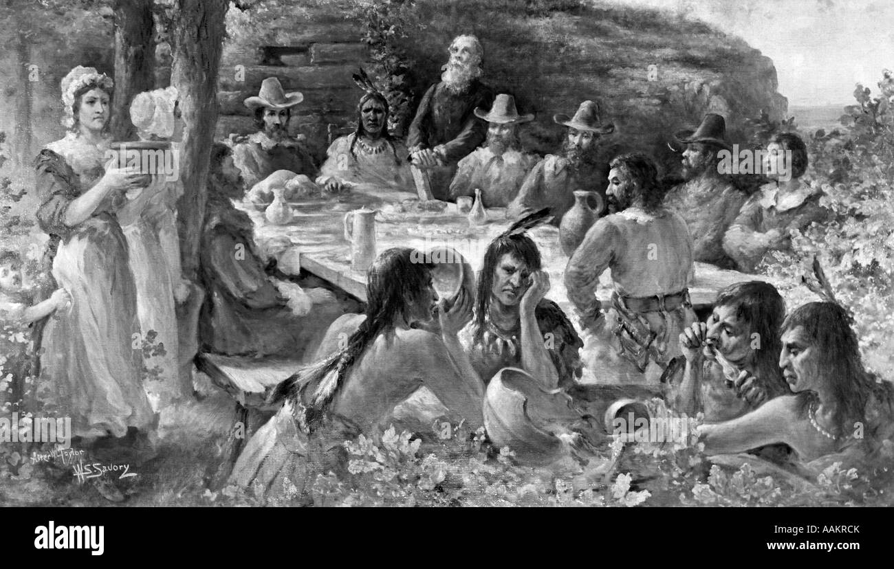 La première action de grâce 13 décembre 1621 PARTAGE AVEC REPAS RÉCOLTE pèlerins indiens des États-Unis colonie de Plymouth MA Banque D'Images