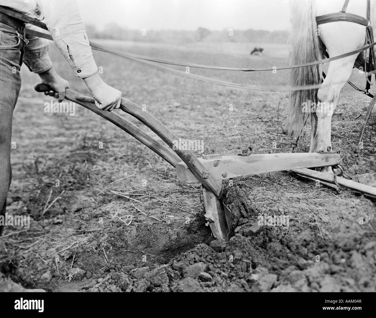 Années 1920 Années 1930 Années 1940 CHARRUE CHEVAL AGRICULTURE AGRICULTEUR FERME Banque D'Images