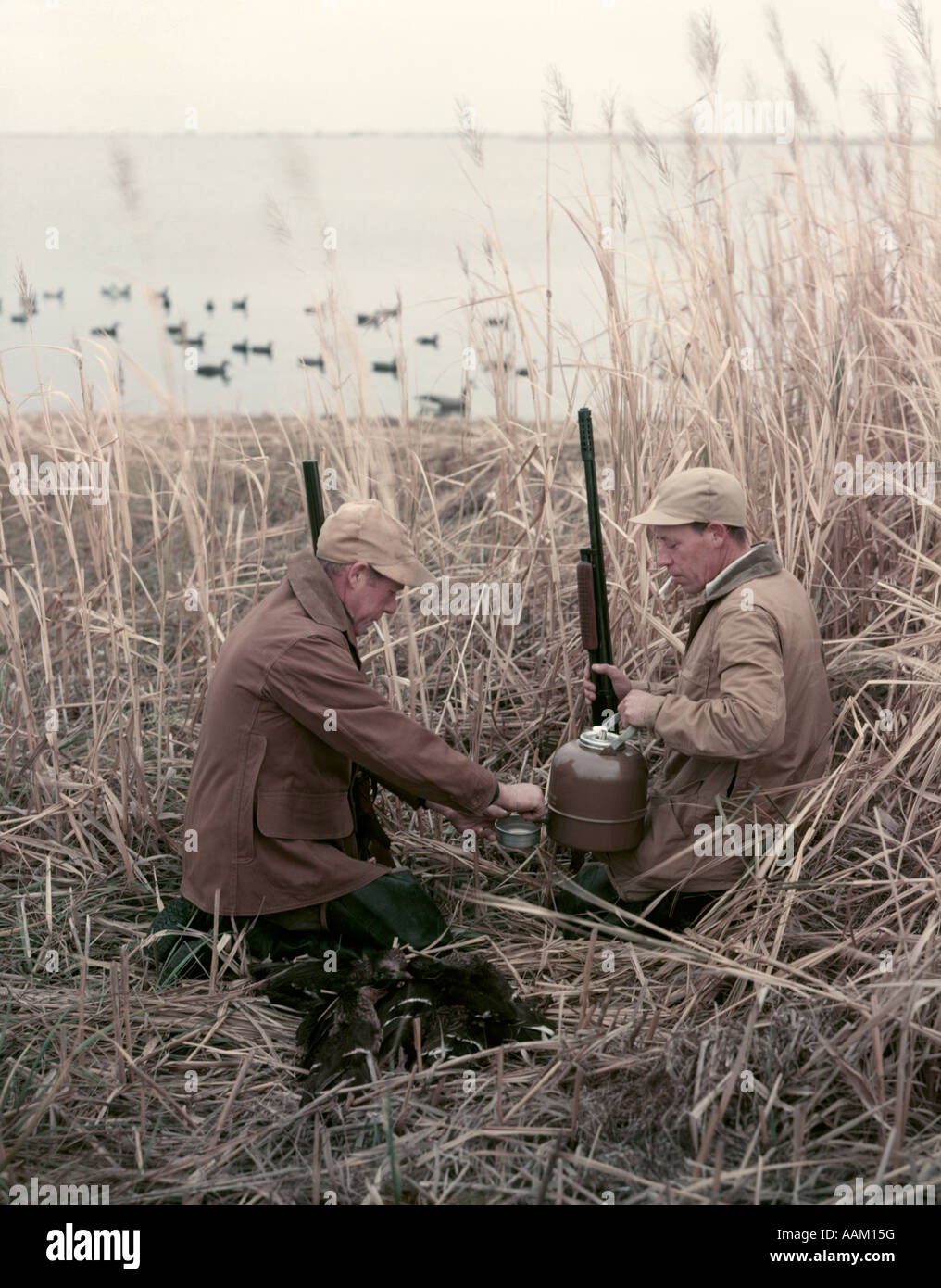 1950 2 chasseurs d'hommes hautes herbes ROSEAUX AUX CANARDS BEIGE MARRON THERMOS DE BOISSONS CHAUDES des fusils de leurres de canard du lac de l'eau Automne Banque D'Images