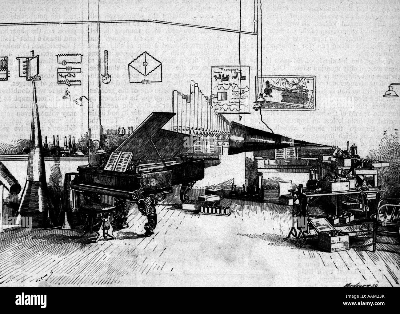 Gravure de Thomas Edison'S LAB AVEC PHONOGRAPHE PIANO ORGUE & AUTRES MISC. Univers INVENTIONS Banque D'Images