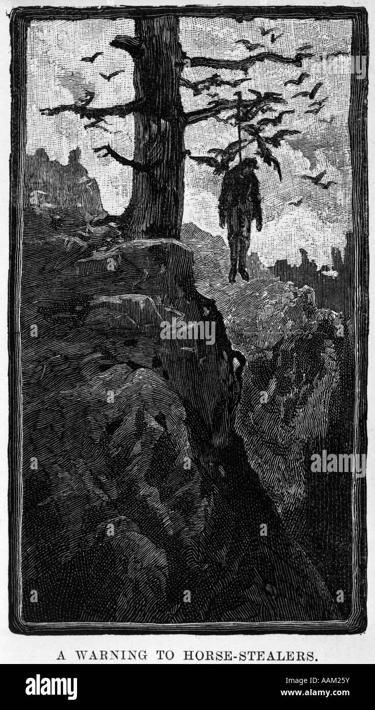 LYNCH LAW dessin sombre de l'homme accroché APRÈS MEMBRE DE L'arbre comme avertissement aux voleurs de chevaux Banque D'Images