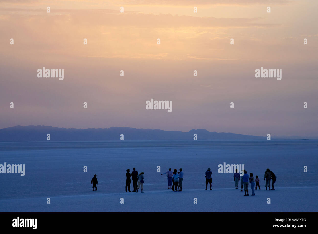 Les touristes dans le pré aube lumière en attendant le lever du soleil sur la tunisie Chott el-jérid Banque D'Images