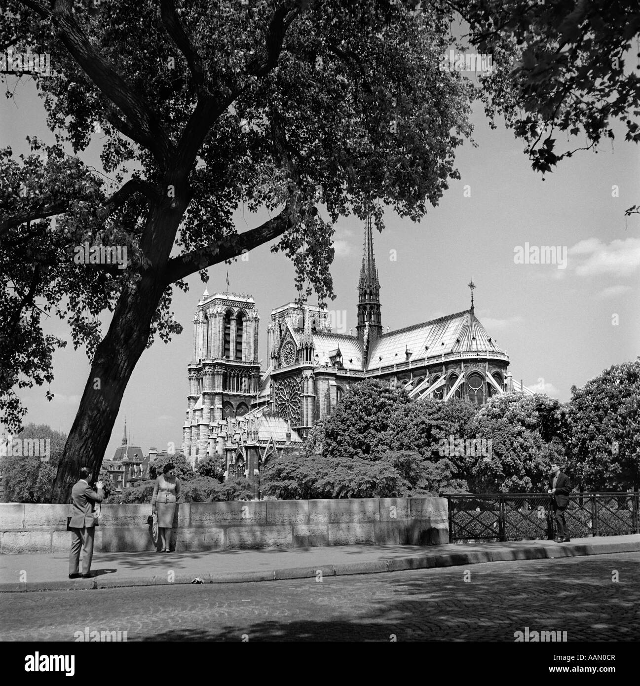 1950 PARIS FRANCE TOURIST COUPLE HOMME FEMME AVEC APPAREIL PHOTO photographier la cathédrale Notre-Dame en arrière-plan Banque D'Images