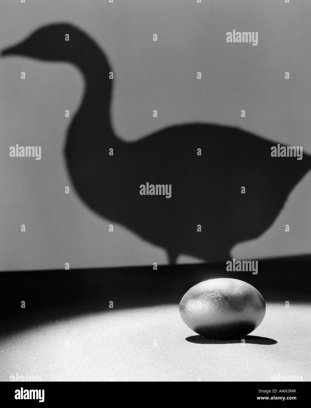 Années 1930 Années 1940 STILL LIFE de l'oeuf d'OR DANS LE FOCUS EN PREMIER PLAN AVEC SILHOUETTE DE GOOSE SUR LE MUR EN ARRIÈRE-PLAN Banque D'Images