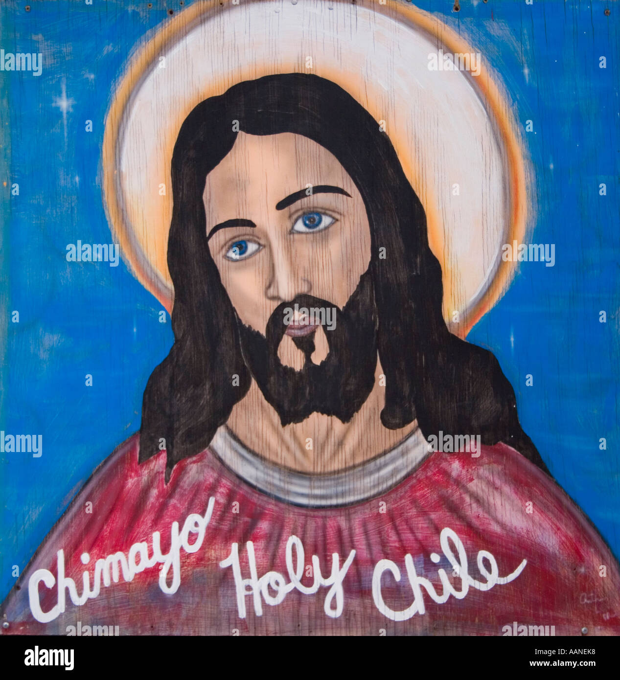 Peinture de Jésus-christ sainte publicité chiles dans un café près de l'lourds d'Amérique dans le Nouveau Mexique Chimayo Banque D'Images