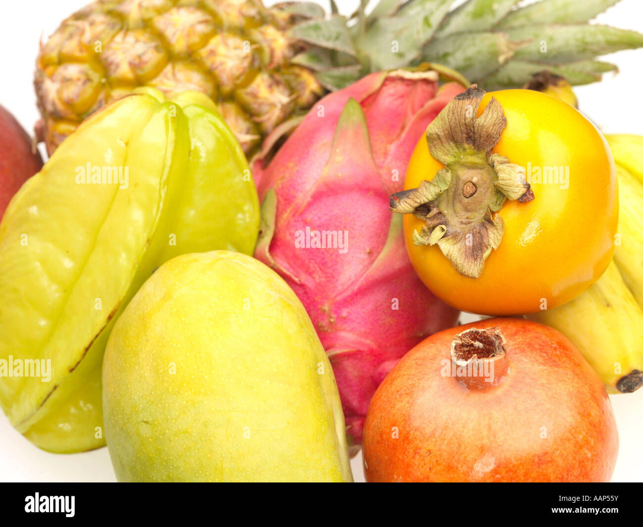 Collection de verres colorés frais mûrs Fruits tropicaux sains avec aucun peuple Banque D'Images