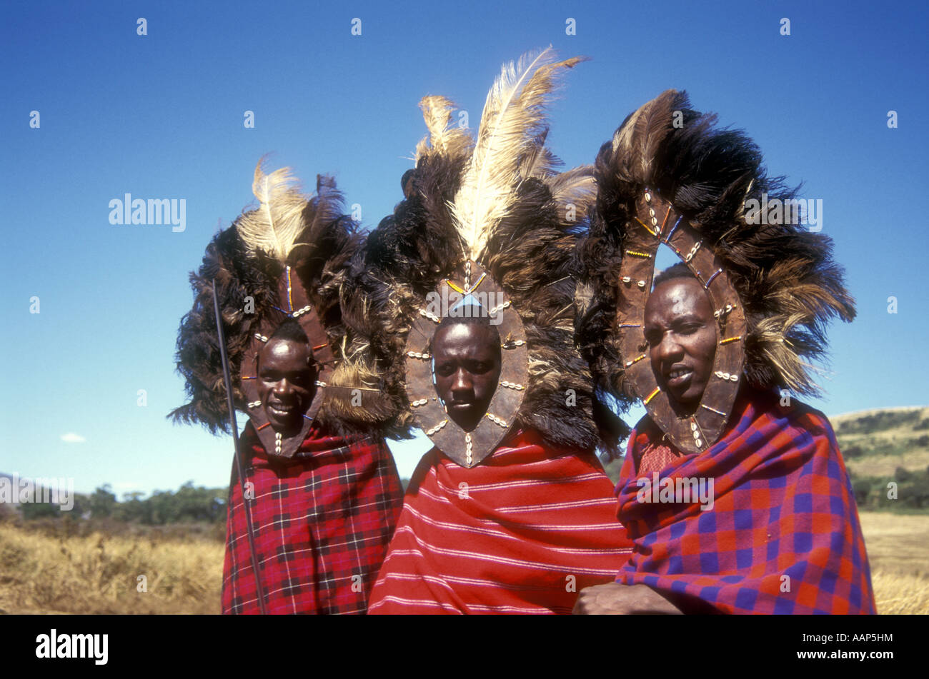 Portrait de trois guerriers Maasai portant des coiffes de plumes d'autruche de l'Afrique de l'Est Tanzanie Ngorongoro Crater Banque D'Images