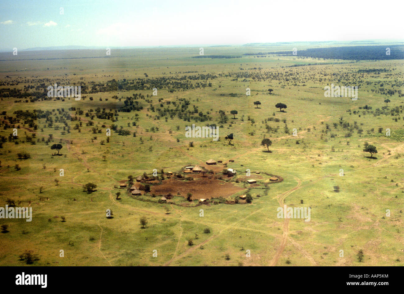 Vue aérienne d'un village massaï ou enkang près de Musiara dans la Masai Mara National Reserve Kenya Afrique de l'Est Banque D'Images