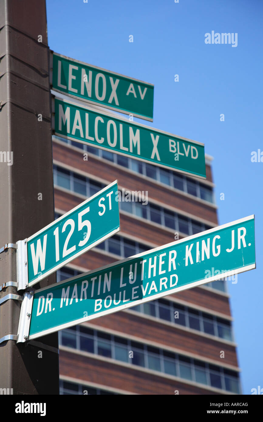 Les plaques de rue 125 Rue Martin Luther King Jr Boulevard Malcom X Boulevard Lenox Avenue Harlem New York City Banque D'Images