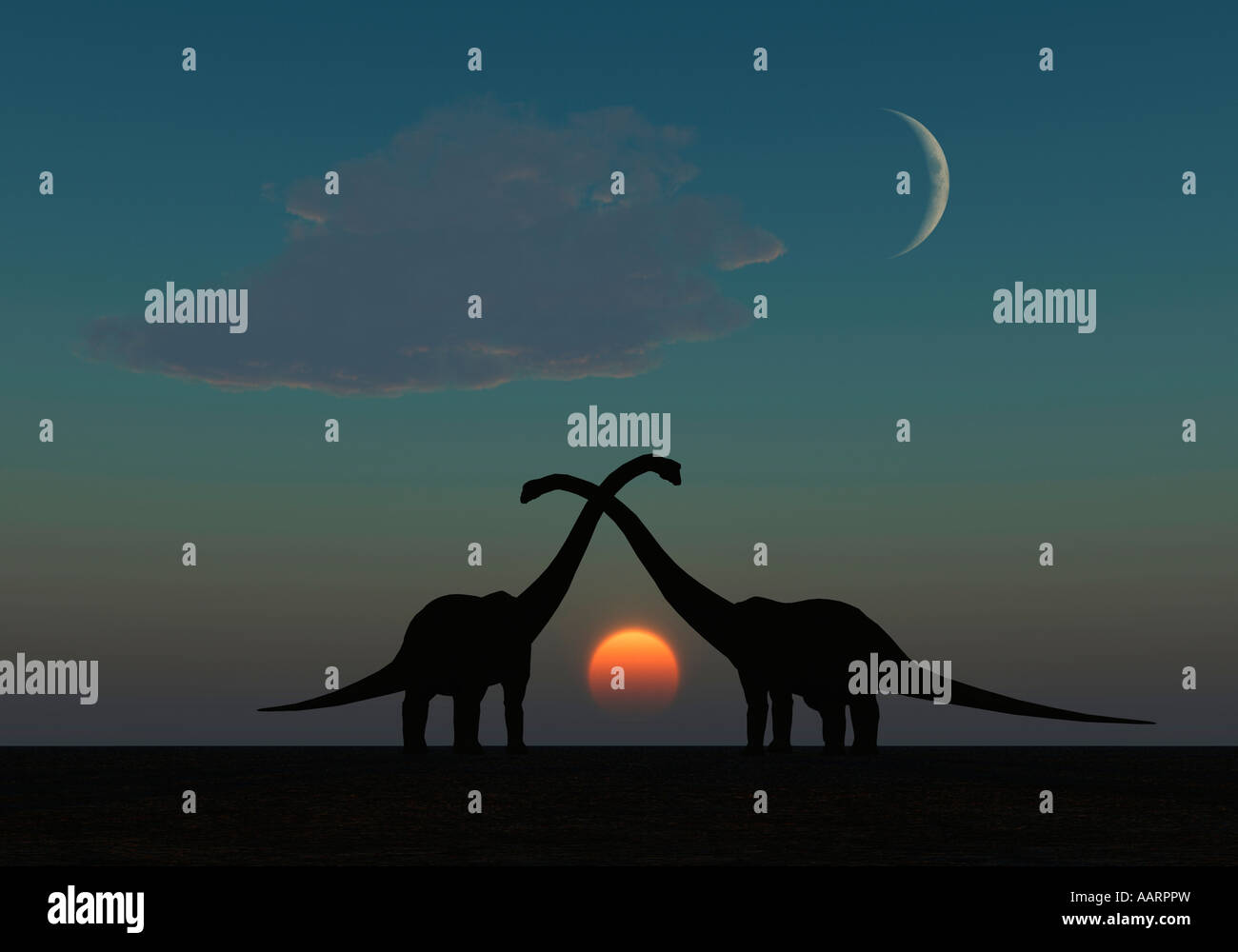 Une paire de Diplodocus silhouette se tenant ensemble à la fin d'une journée préhistorique. Banque D'Images