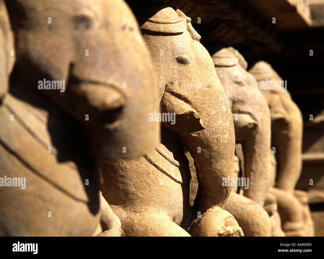 Une rangée d'éléphants sculptés de façon complexe sur un temple dans l'état de Madhya Pradesh en Inde Banque D'Images Une rangée d'éléphants sculptés de façon complexe sur un temple dans l'état de Madhya Pradesh en Inde Banque D'Images