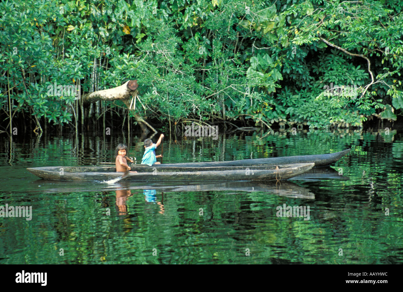 Les enfants autochtones à jouer par l'Orénoque, Amazonas, au Venezuela. Banque D'Images