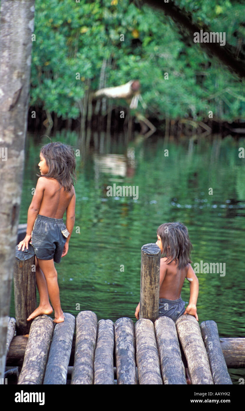 Les enfants autochtones à jouer par l'Orénoque, Amazonas, au Venezuela. Banque D'Images