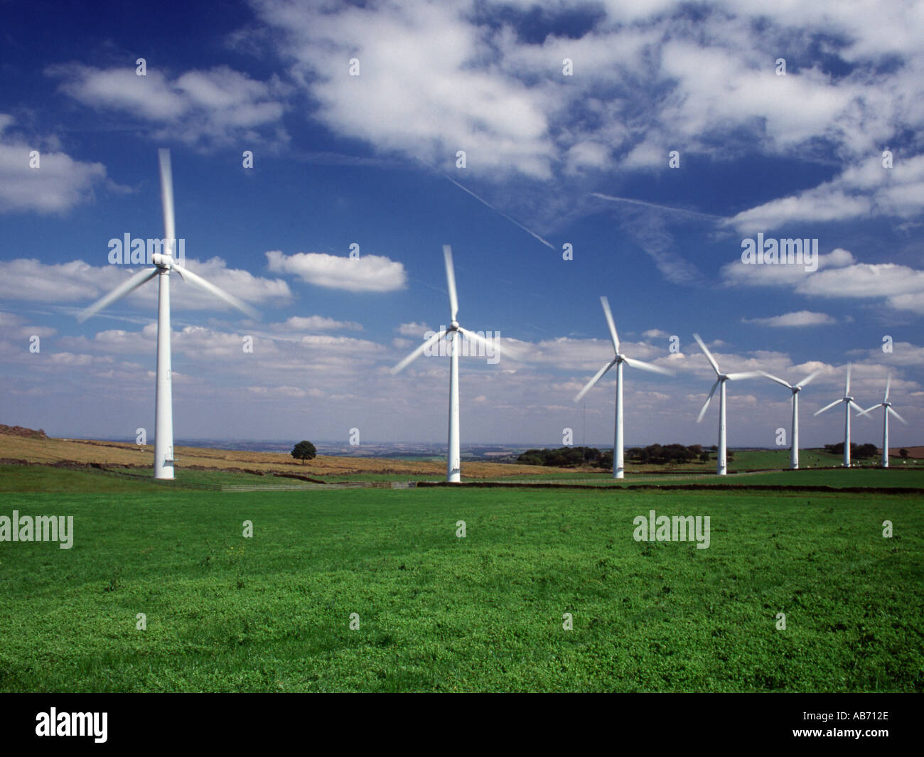 Rangée de SEPT ÉOLIENNES DANS LE DOMAINE DE L'HERBE VERTE SUR ROYD MOOR SOUTH YORKSHIRE ANGLETERRE Banque D'Images