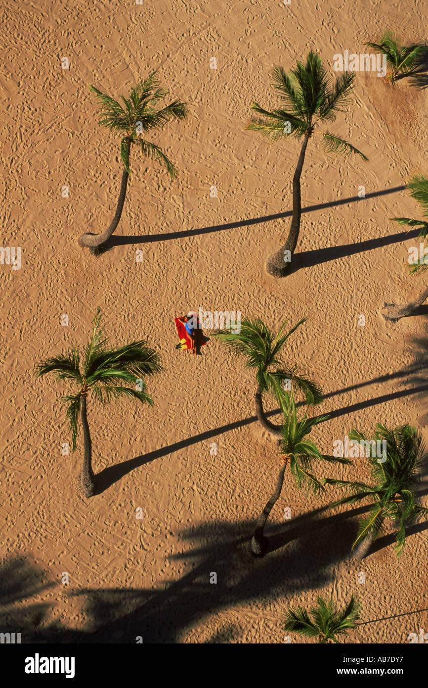 Femme seule sur la plage de Waikiki au milieu de palmiers d'en haut Banque D'Images