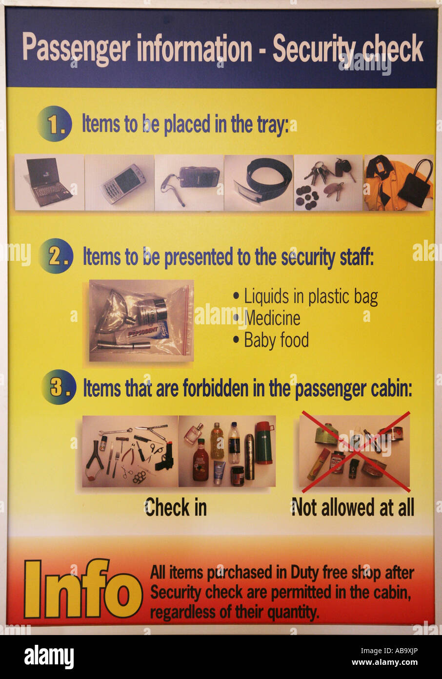 Affiche de sécurité de l'aéroport passagers informer quels articles sont admis dans la cabine et les éléments non passanger admis à tous les Banque D'Images