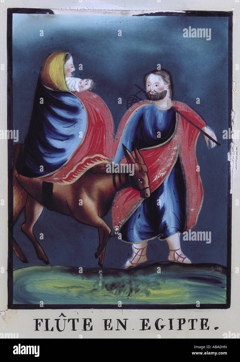 Beaux-arts, art religieux, Jésus Christ, fuite en Egypte, de peinture sur verre, Alsace, vers 1820, collection privée, , n'a pas d'auteur de l'artiste pour être effacé Banque D'Images