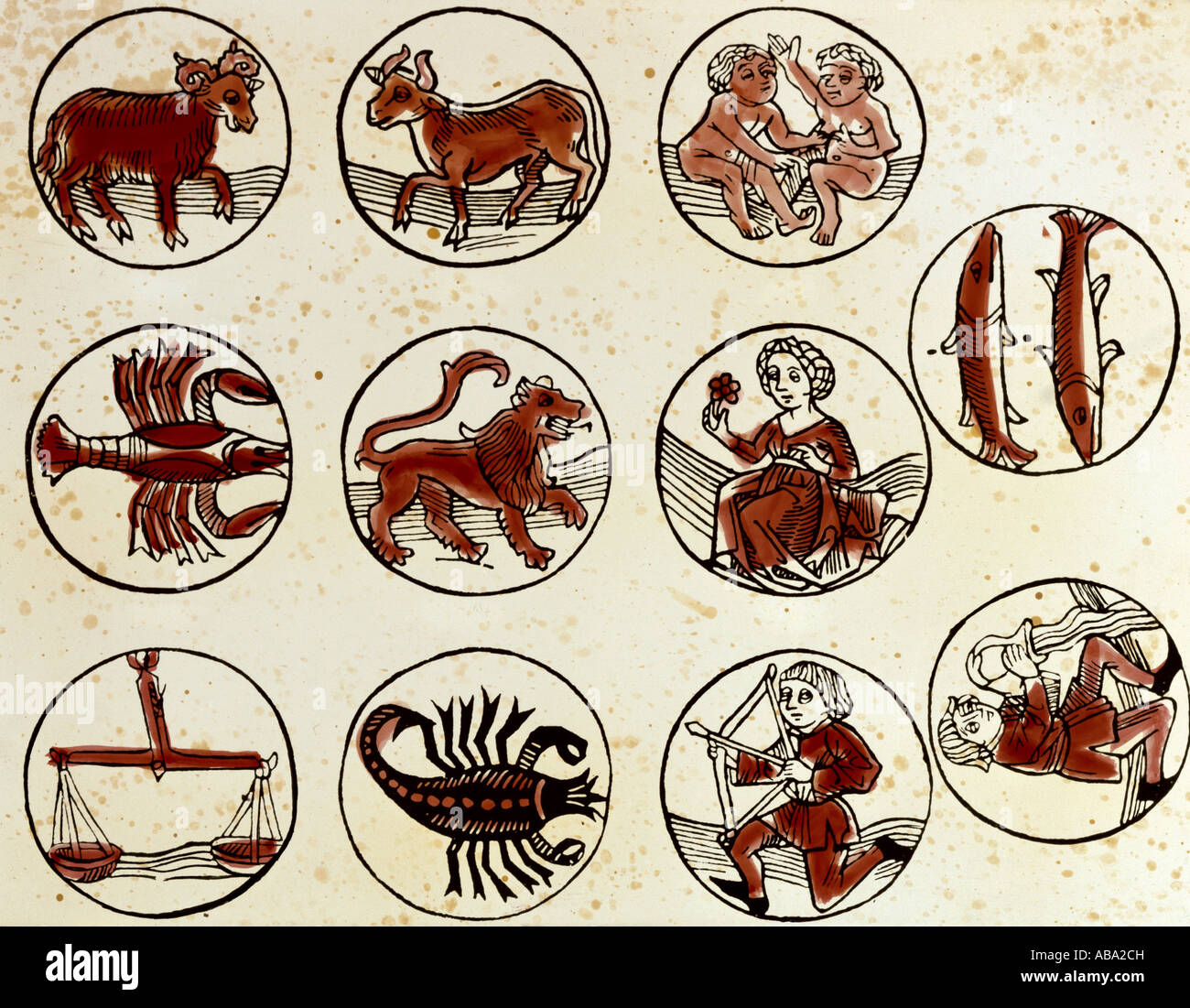Astrologie, signes du zodiaque, coupe de bois colorée, 'Teutsch Kalender', imprimé par H. Schäffler, Allemagne, 1498, collection privée, , Banque D'Images