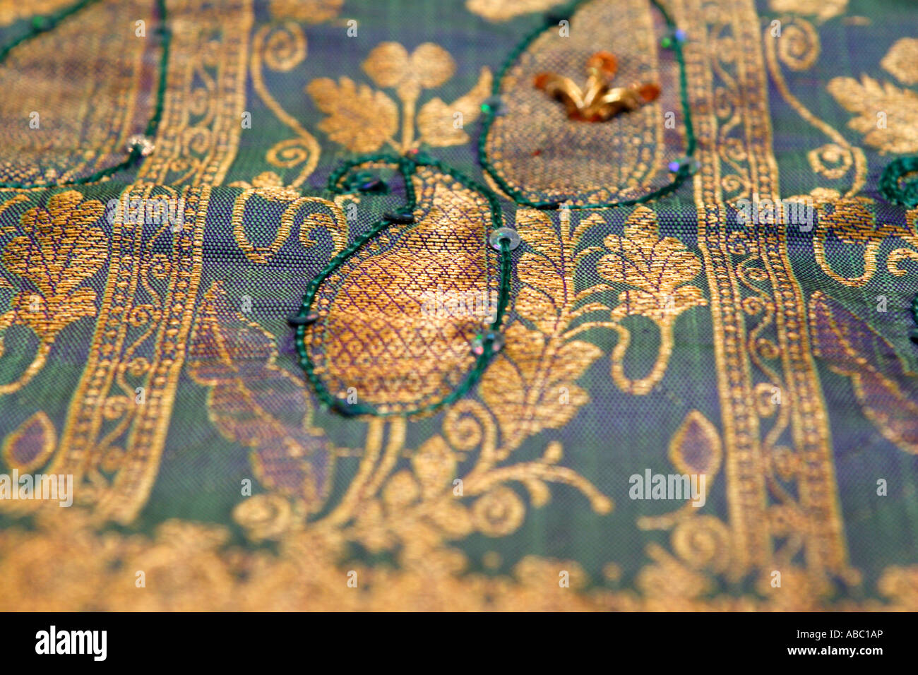 Un détail d'une soie Sari Kanchipuram. Cela montre les détails que créé par style Kanchipuram part à cheval. Banque D'Images