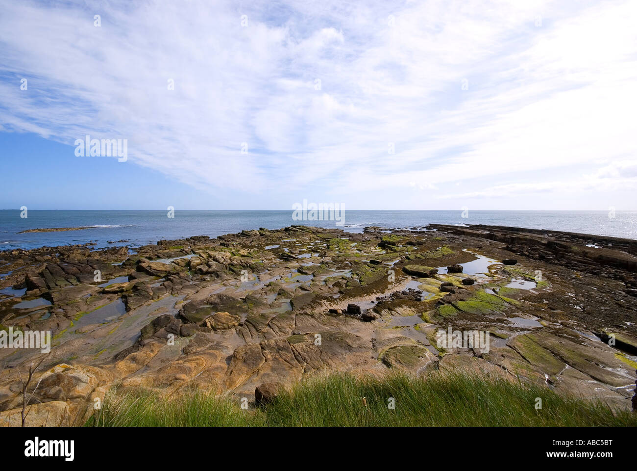 Rocks révélé par marée descendante sous ciel dramatique Banque D'Images