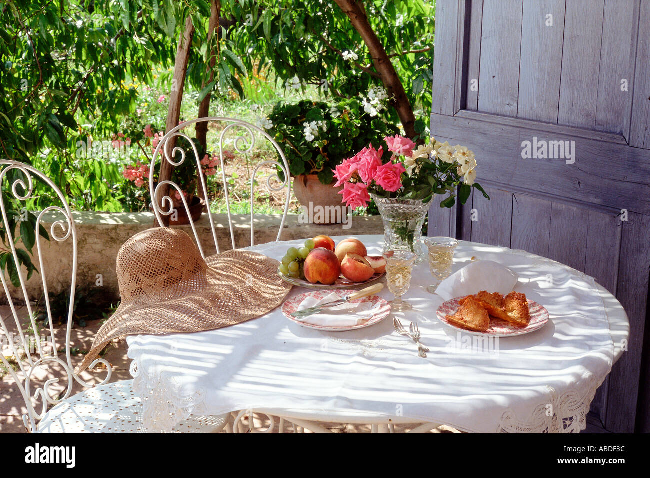 Table de jardin sous un peach tree Banque D'Images