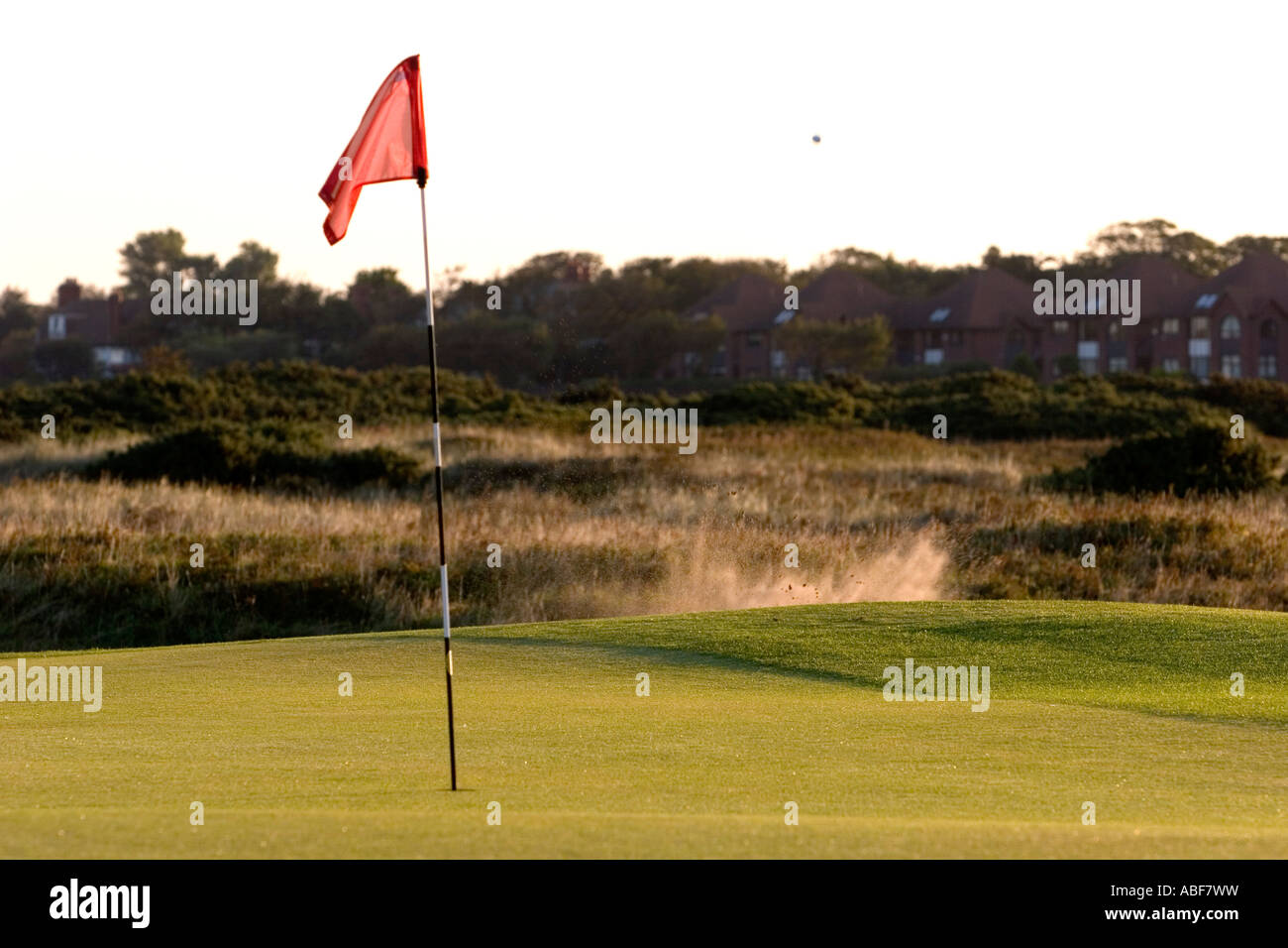Golf Shot pris et l'atterrissage dans un bunker Banque D'Images