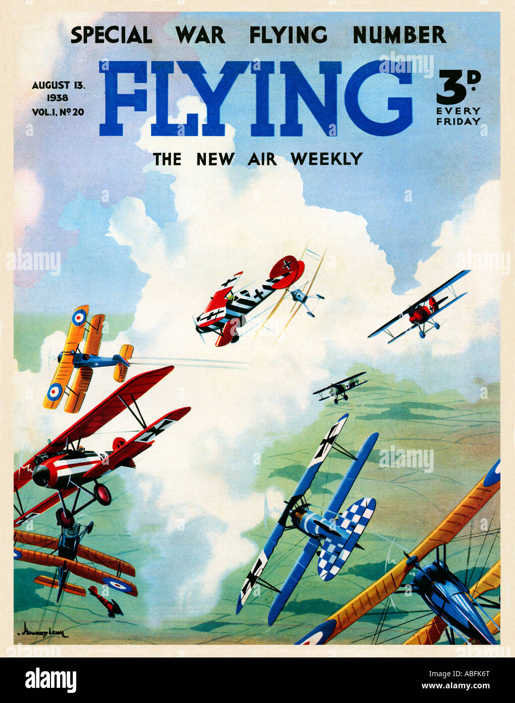 Flying Dogfight 1938 Couverture du magazine illustrant une grande guerre bataille aérienne entre le S E 5a et l'Albatros DV Allemand Banque D'Images