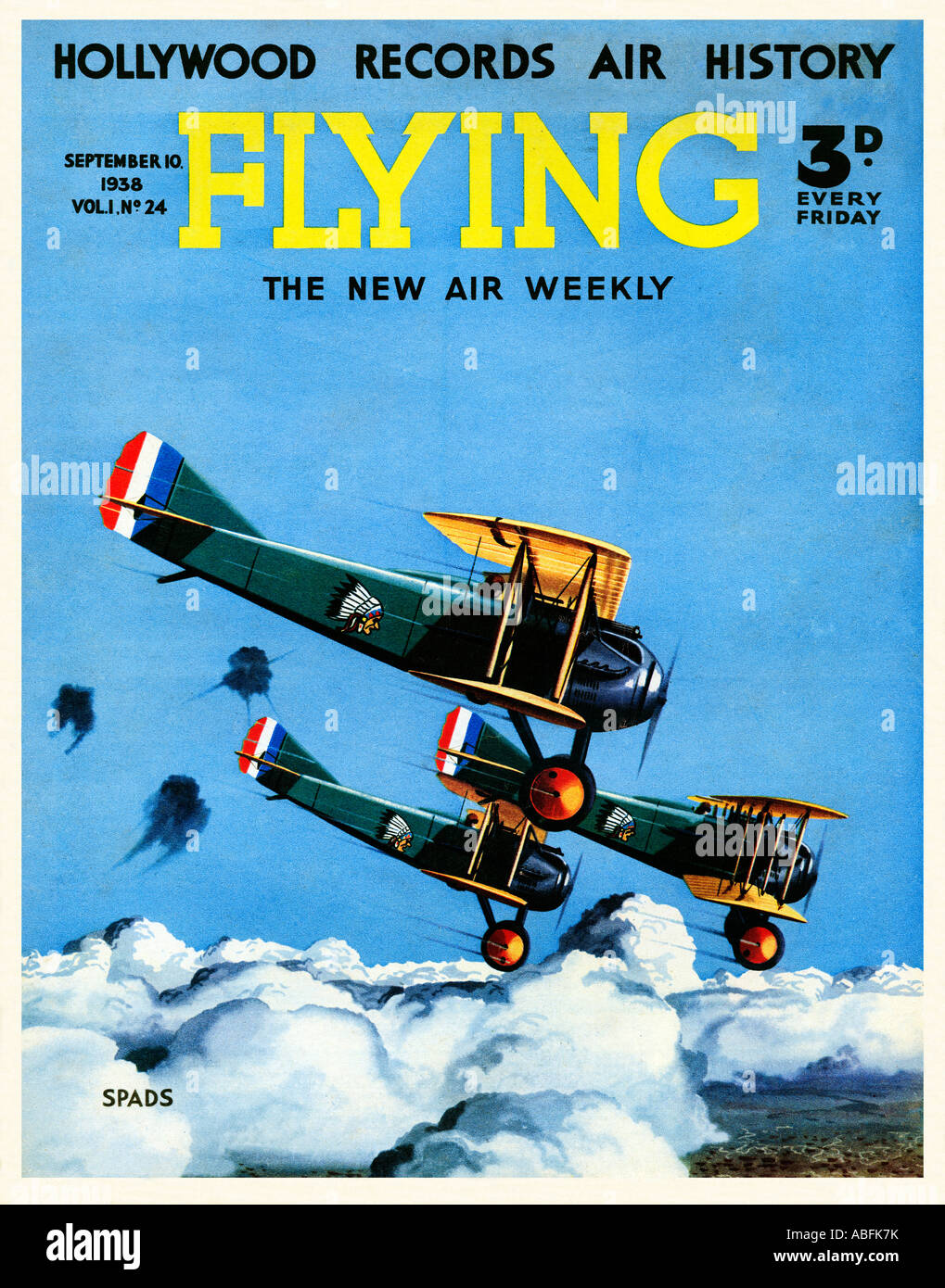 Flying Spads 1938 Couverture du magazine français illustrant la grande guerre avion de chasse piloté par l'ensemble des forces aériennes alliées Banque D'Images