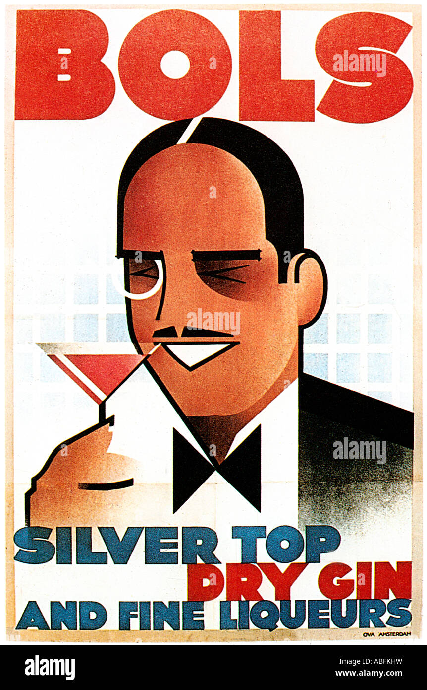 Bols Gin Art déco 1934 splendide affiche pour la Silver Néerlandais Haut de gin et de liqueurs fines célébrant la culture cocktail Banque D'Images