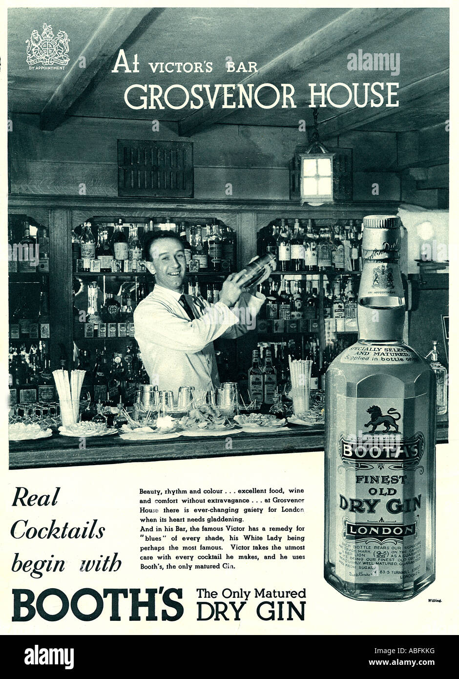 Grosvenor House Hotel stands Gin 1934 publicité pour le London Dry Gin situé dans la région de quartier Mayfair bar Victors Banque D'Images