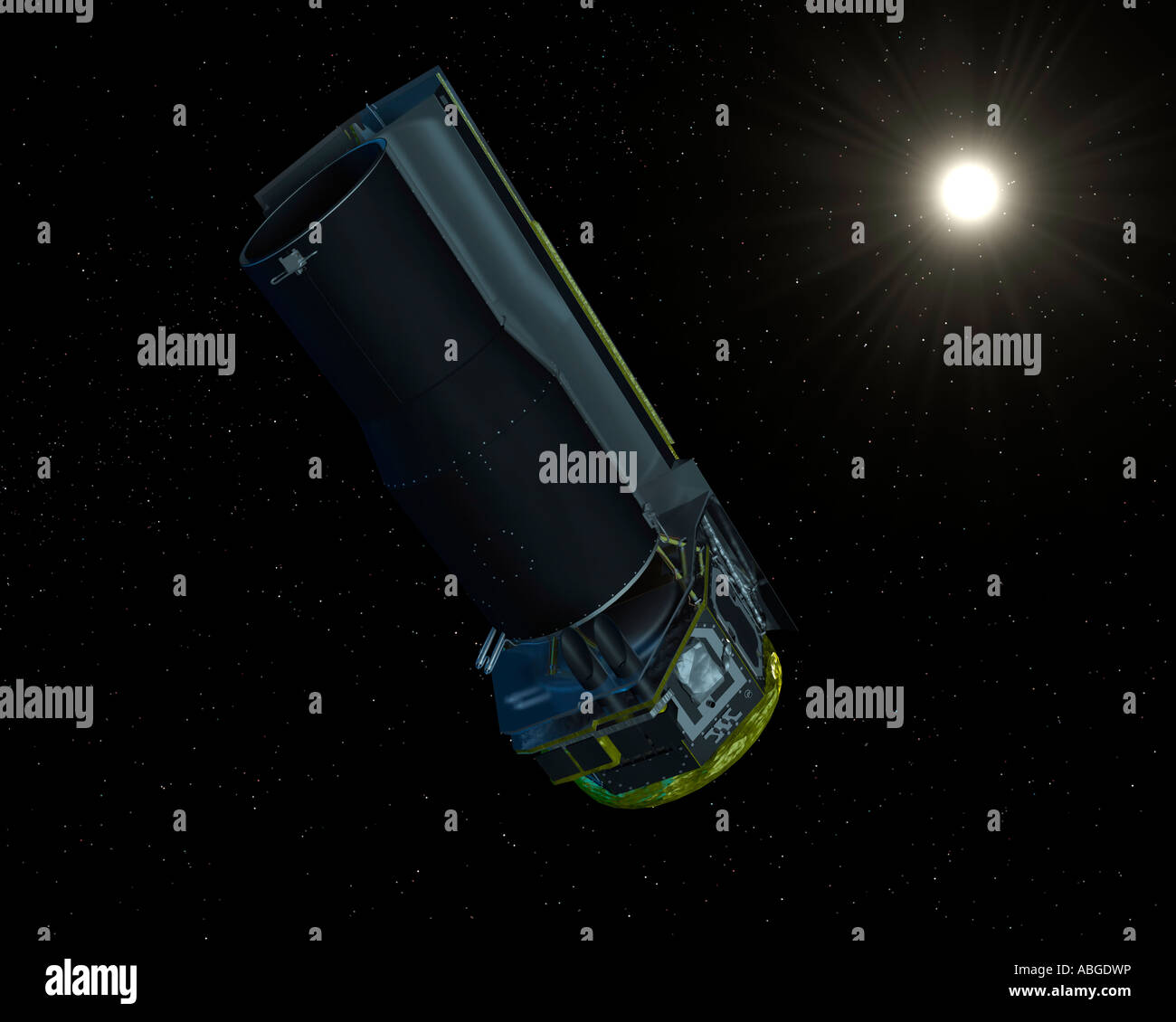 Spitzer a vu dans la lumière visible. La protection solaire est toujours vers le soleil, ce qui permet à l'engin spatial à rester très froid. Banque D'Images