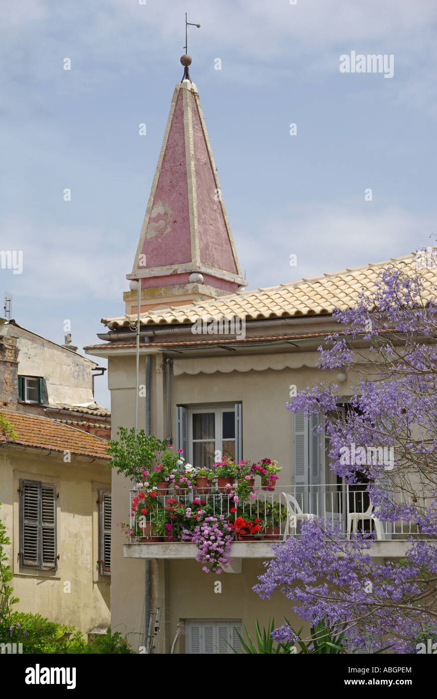 Vieille ville de Corfou Corfou île grecque appartement typique balcon écran couleur de plantes à massifs d'été au-delà de l'arbre à fleurs bleu Banque D'Images