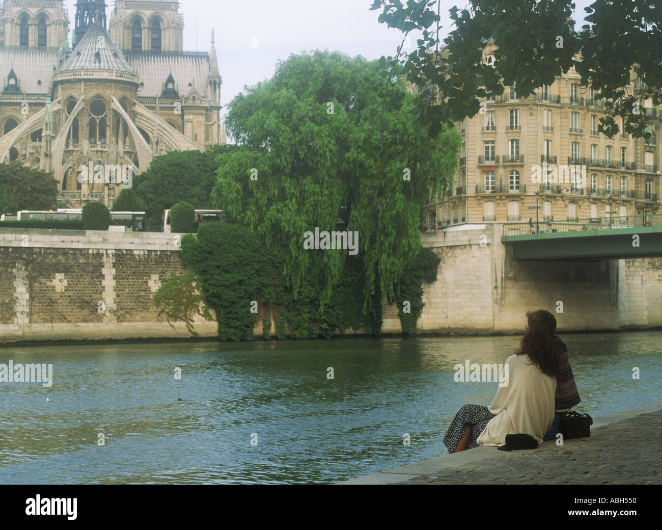 Couple at Ile St Louis sur la Seine en face de Notre Dame de Paris Banque D'Images