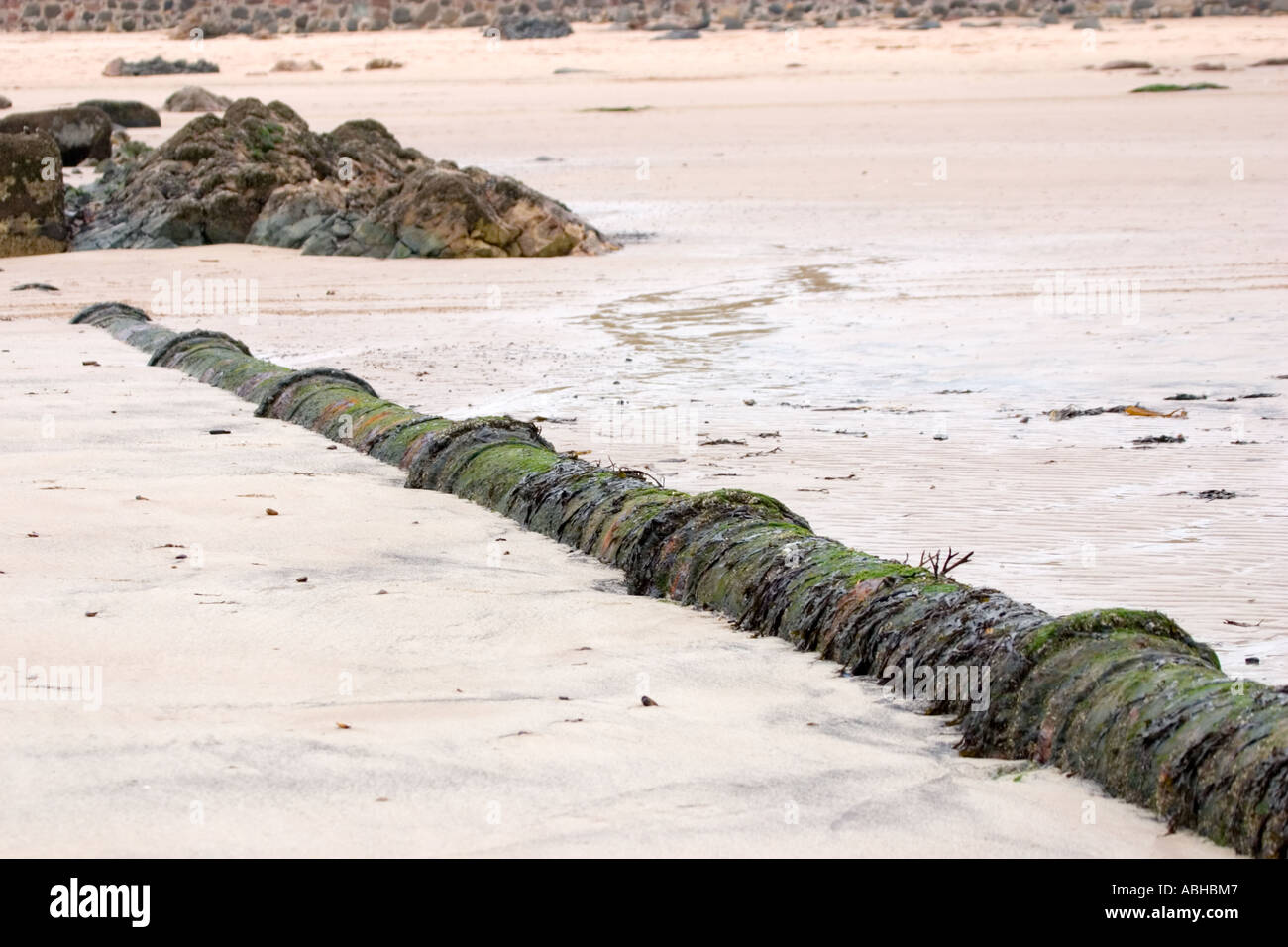 Tuyau d'évacuation des effluents de la moitié enterré dans le sable sur la plage de Fife en Écosse Banque D'Images