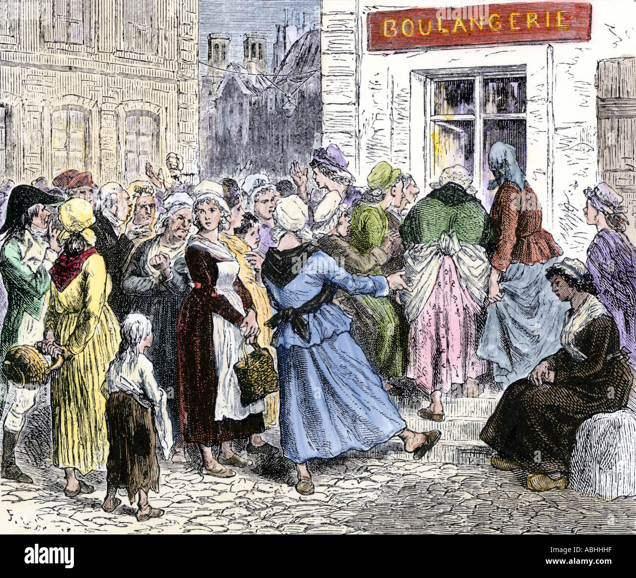 Foule de femmes en colère à la porte d'une boulangerie au cours de la Révolution française. À la main, gravure sur bois Banque D'Images