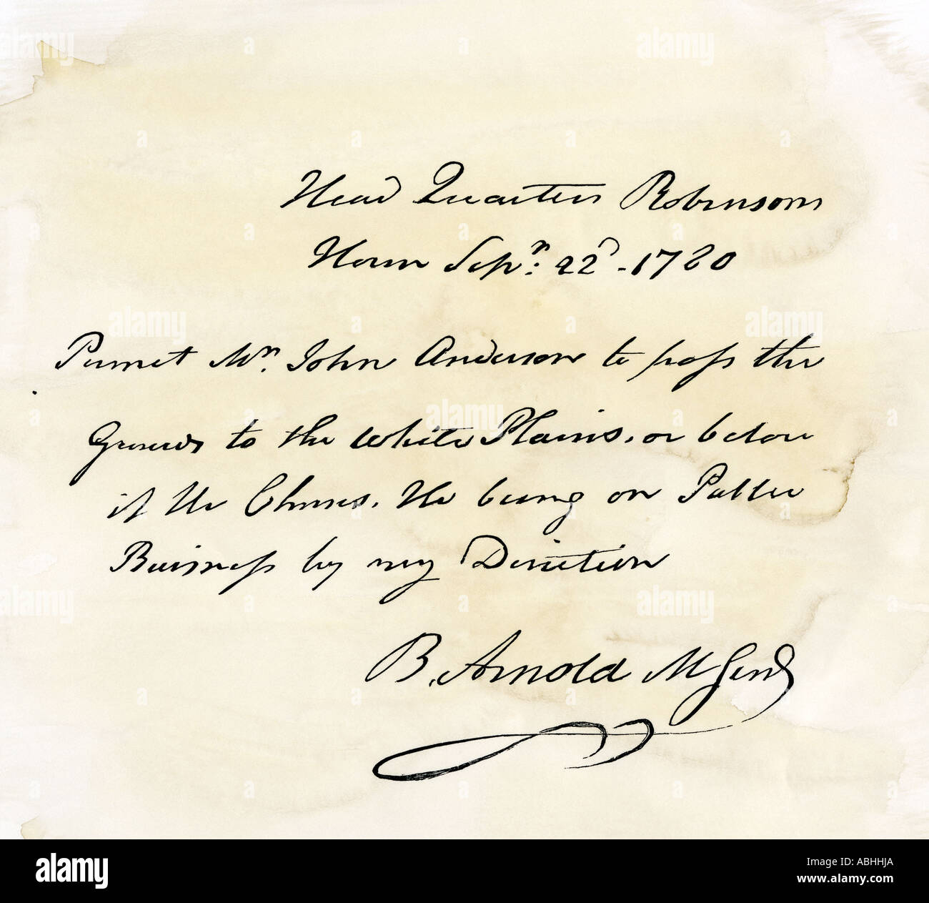 Benedict Arnold signature sur un col militaire accordée à l'agent britannique le Major John André 1780. Gravure sur bois avec un lavage à l'aquarelle Banque D'Images